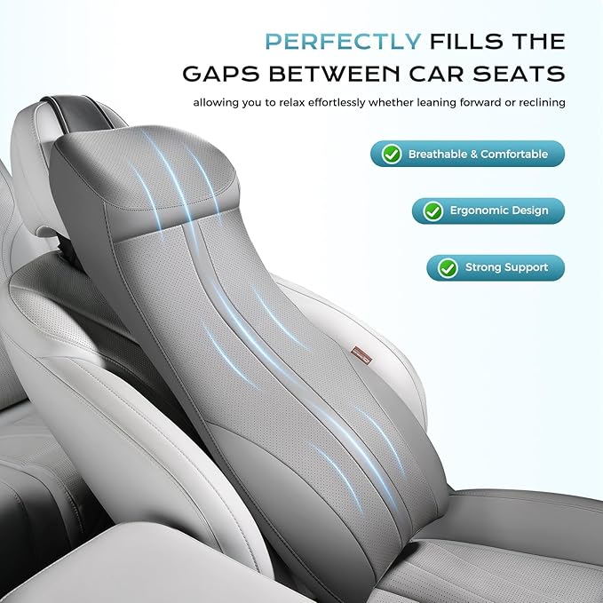 Coverado Upgraded Lumbar Support Pillow and Car Neck Pillow, Ergonomic Memory Foam Integrated Car Cushion Back Neck Support Pillow, Soft Leather Cushion Back Pain Relief for Car Seat Driving, Gray