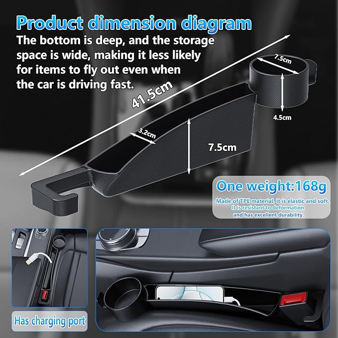 Seat gap filler Compatible with Model Y/Model 3.Deeper Than Standard Retail Models(7.5cm)|Added Cup Holder (2 Fixed Points) + Hooks + Charging Cable Port |2pcs Black| Free Window Break Hammer 1pcs|