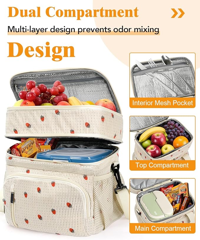 Insulated Lunch Bag for Men & Women, Double Leakproof Lunch Box Soft Cooler Tote with 5 Pockets, 600D Oxford, EVA Lining, Adjustable Strap for Work, Picnic- Corduroy Cue Strawberry