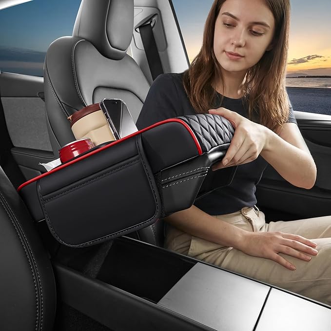 5 in 1 Car Center Console Cover, Armrest Pad with 2 Storage Pockets, Cup Holder, Tissue Box Slot, Phone Holder, Universal Car Interior Organizer (Black with Red Stitching)