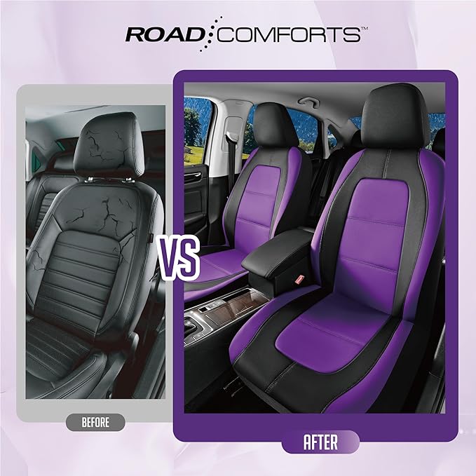 Road Comforts Car Seat Cover, Leather Car Seat Covers, Front Low Back Sport Seat Covers, Airbag Compatible, Universal Fits for Most Cars (Purple)