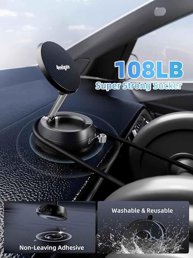 2026 Upgraded Vacuum Magnetic Phone Holder, [108+ LBS] Heavy Duty Suction Cup Car Phone Mount for Dashboard, Gym & Desk, MagSafe Car Mount for iPhone 17 16 15 Pro Max