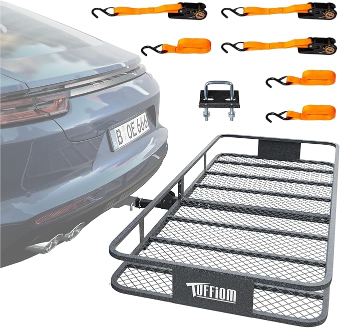 TUFFIOM 70"x30"x6" Folding Hitch Mount Cargo Carrier Basket, 500lbs Steel Car Cargo Trailer Hitch Luggage Rack, w/Straps+Stabilizer for SUV Truck Van