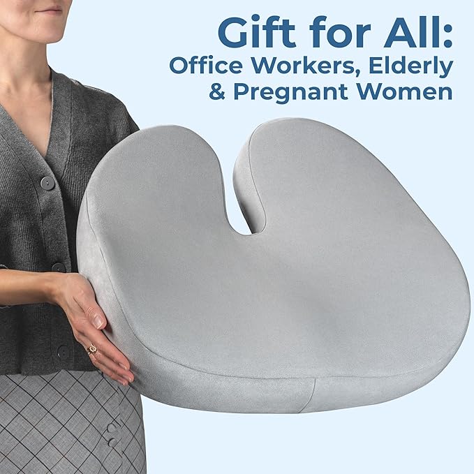5 STARS UNITED Seat Cushion - Memory Foam Chair Cushion for Tailbone Pain Relief - Ergonomic Support for Coccyx, Sciatica & Butt - Office, Desk & Gaming Chair, Car Seat, Wheelchair, Light Gray Suede