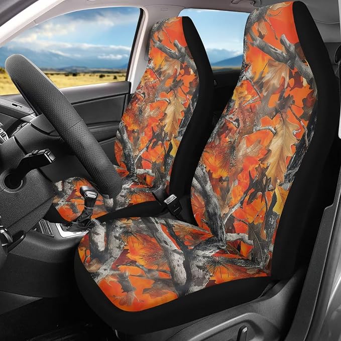ELEQIN Orange Camo Hunting Car Seat Covers Two Front Only for Car, Automotive Interior Covers, Quick Setup Universal Fit Seat Covers for Car, Truck, SUV