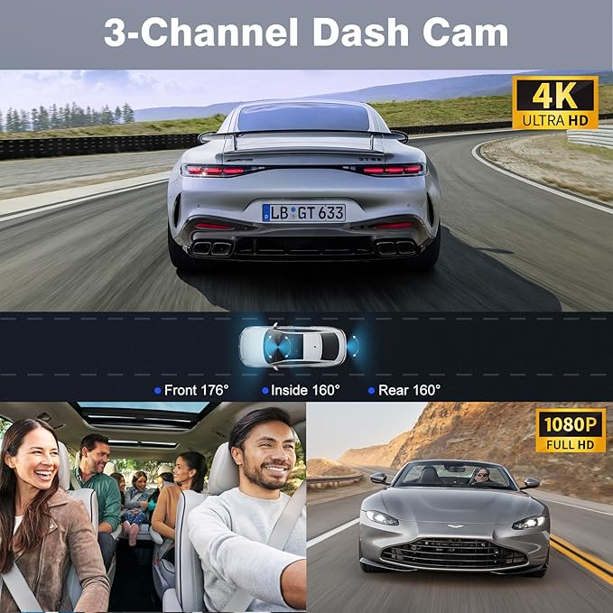 4K+1080P+1080P 5.8GHz WiFi Dash Cam Front and Rear Inside, Free 64G SD Card, 4K UHD 3 Channel Dash Camera for Cars, 360° All Sides Dashcam, G-Sensor, Night Vision, WDR, 24H Parking Monitor