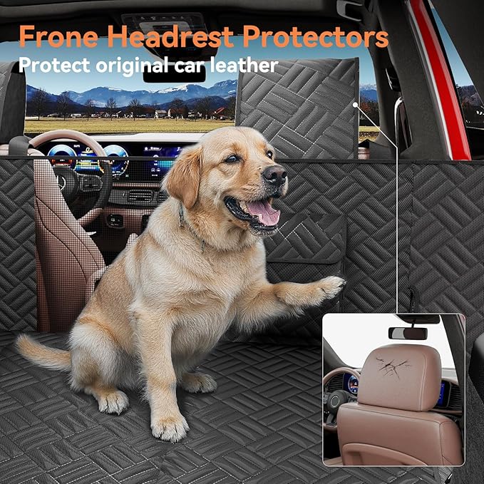 Dog Car Seat Cover for Back Seat- Heavy Duty Waterproof-Hard Bottom Backseat Extender Fits Sedan SUV & Small Truck, Full Coverage for Doors, Rear Seats & Front Headrests