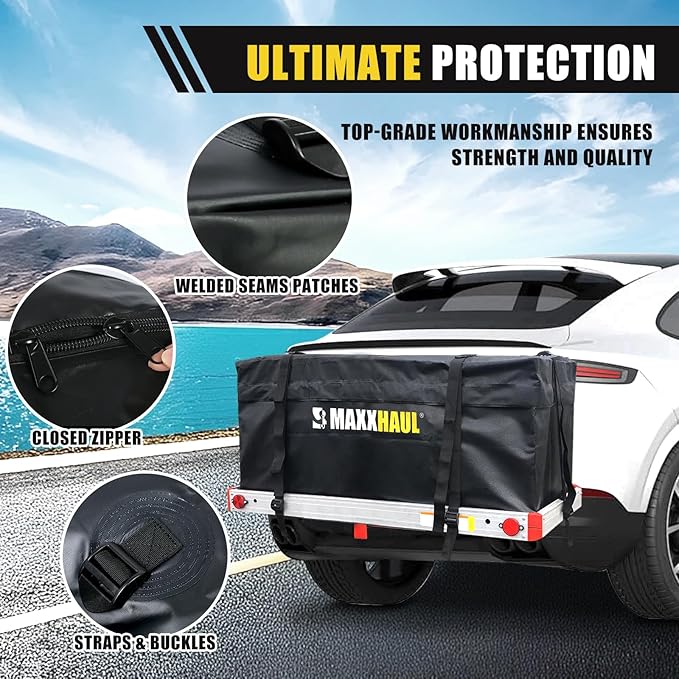 MaxxHaul 70209 Soft Shell Cargo Carrier Bag for Hitch Mount Cargo Rack - Heavy Duty and Water Resistant 47 inch 20 inch x 20 inch Black with Tie Down Straps