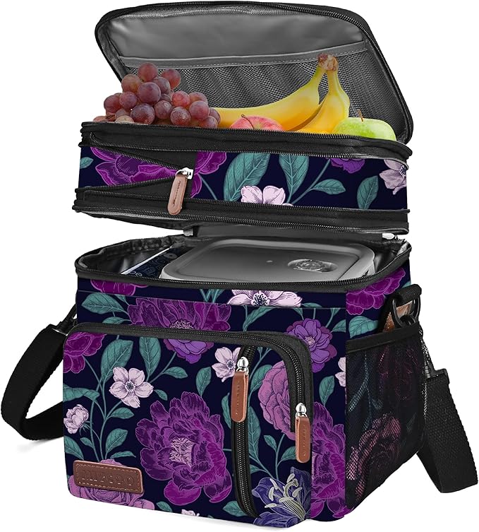 MIYCOO Lunch Bag & Lunch Box for Women Men, Double Deck Leakproof Insulated Soft Large Adult Camping Cooler bag for Work, Beach, Picnic, Travel (Purple Flower, 15L)