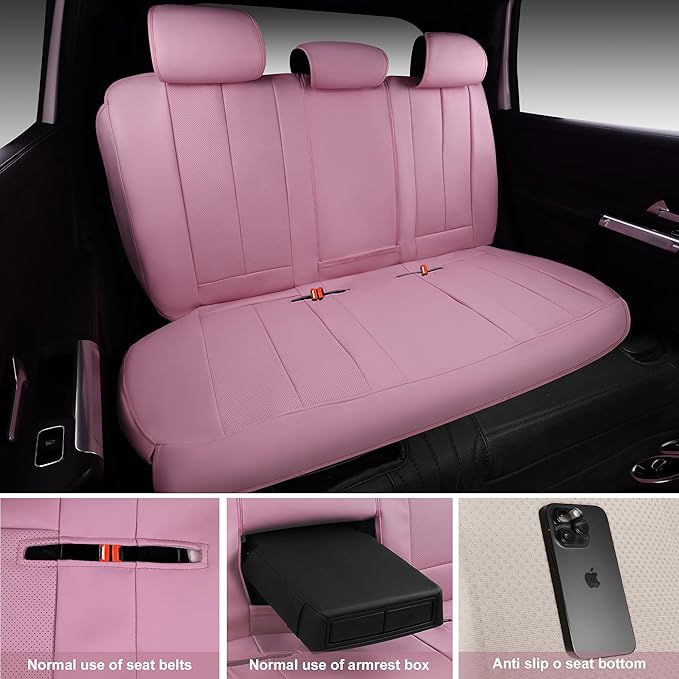 CAR PASS Pink Leather Seat Covers Full Set, Water Resistant 3D Foam Faux Leather Seat Cover, Luxury Comfort Automotive 5 Seat Covers Cute for Women Girly, Universal Fit SUV, Vans, Trucks, All Pink