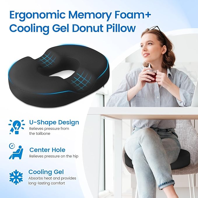 Donut Pillow Seat Cushion - Cooling Gel Outdoor Chair Cushions, Memory Foam Seat Cushion for Office & Home, Car Seat and Patio Furniture Cushions, Hemorrhoids Pillow and Tailbone Pain Relief, Black