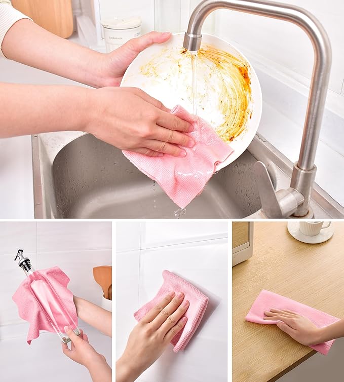 KitchLife Microfiber Cleaning Cloth Roll - Tear-Away Reusable Microfiber Paper Towels, Lint-Free, Washable, 20 Sheets for Kitchen, Car, Dishes, and Sensitive Surfaces (Pink)