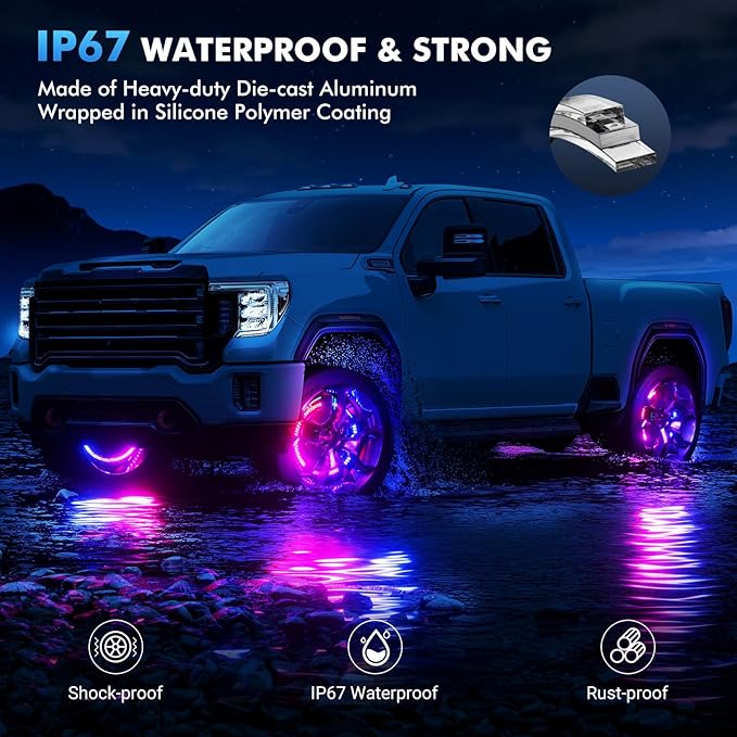 Ehaho 17" Double Row Wheel Lights, Brighter RGB Dream Chasing LED Rim Lights with App & Remote Control, Music Wheel Ring Light with Turn & Braking Signal Compatible with Various Trucks SUV Car（4PCS）