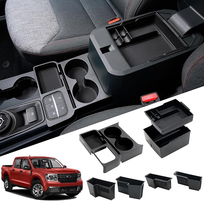 Mabett Center Console Storage Organizer and Dual Cup Holder for Ford Maverick 2022-2026 Accessories, with Door Handle Storage Organizer, Center Console Armrest Organizer Set Fit Maverick (7PCS)