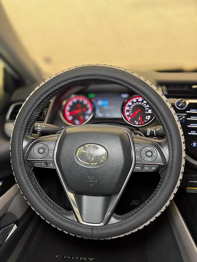 LordLord AutoFashion 15 Inch Luxury Universal Steering Wheel Cover Rhinestone Crystals Anti-Slip Microfiber Leather for Women Girls Men Boys Car Accessory Bling Diamonds Black (JX06)