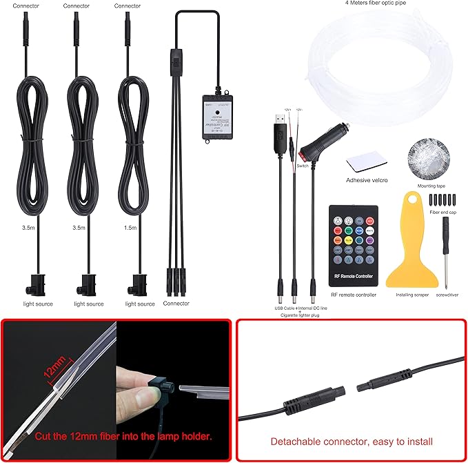 Car Atmosphere Light Kit 4m Fiber Optic RGB Multicolor Sound Active Music Sync Memory Function RF Remote Controller USB Car Interior Ambient Lighting Kit DC 12V