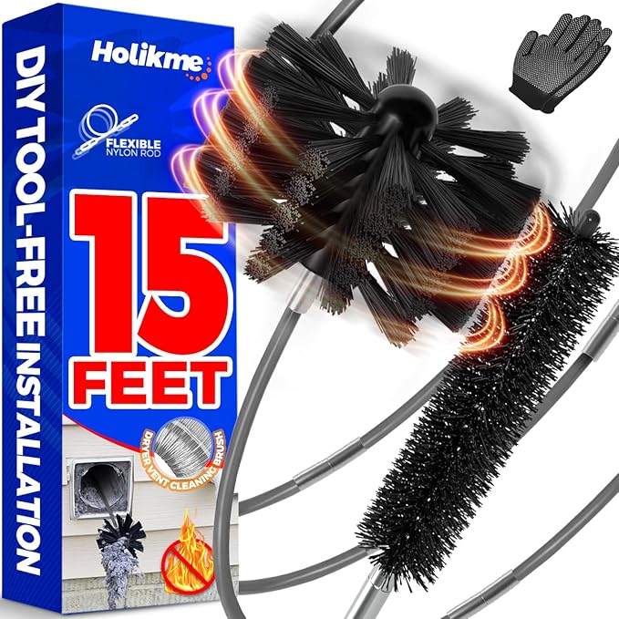 Holikme 15 Feet Dryer Vent Cleaner Kit, Lint Remover, Extends Up to 15 Feet, Synthetic Brush Head, Use with or Without a Power Drill,Gray