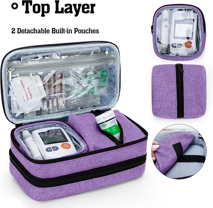 CURMIO Insulated Insulin Cooler Travel Case, Double Layer Diabetic Supplies Storage Bag with Detachable Pouches for Diabetic Medication and Ice Packs, Purple, Empty Bag Only