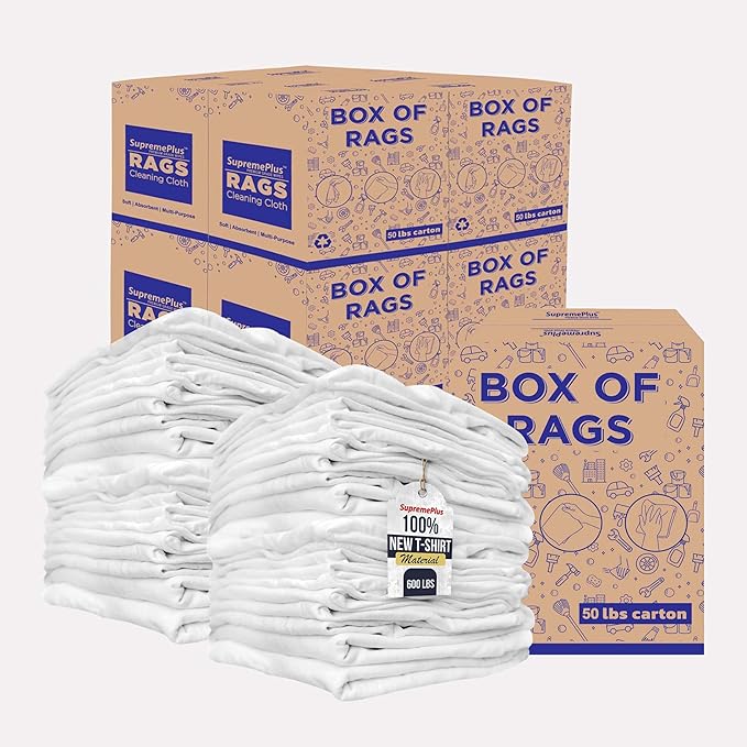 Premium New White Cotton Knit T-Shirt Rags (600 lbs. Pallet 12x50 lbs. Box of Rags) - Lint-Free, Soft & Absorbent Bulk Cleaning Cloths for Auto, Paint, Garage, Staining & Polishing