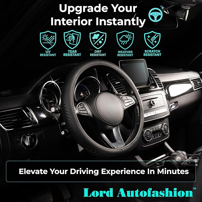 Lord Autofashion Steering Wheel Cover – PU Leather, Non-Slip Rubber Inner, All-Season Comfort – 14.5–15 Inch (Black 9356)