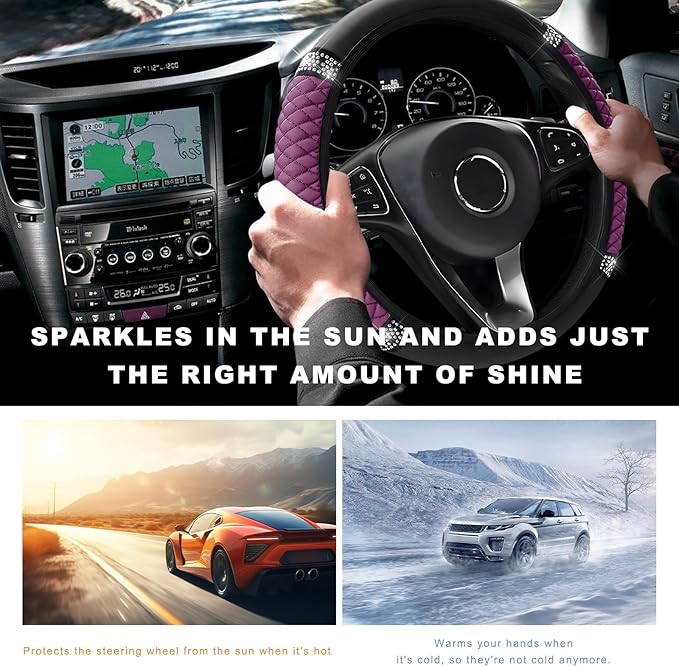 Bling Soft Leather Steering Wheel Cover, 14.5-15 Inch Sparkly Rhinestones Non-Slip Car Steering Wheel Protector, Elastic Auto Steering Wheel Cover Interior for Women Girls (Purple)