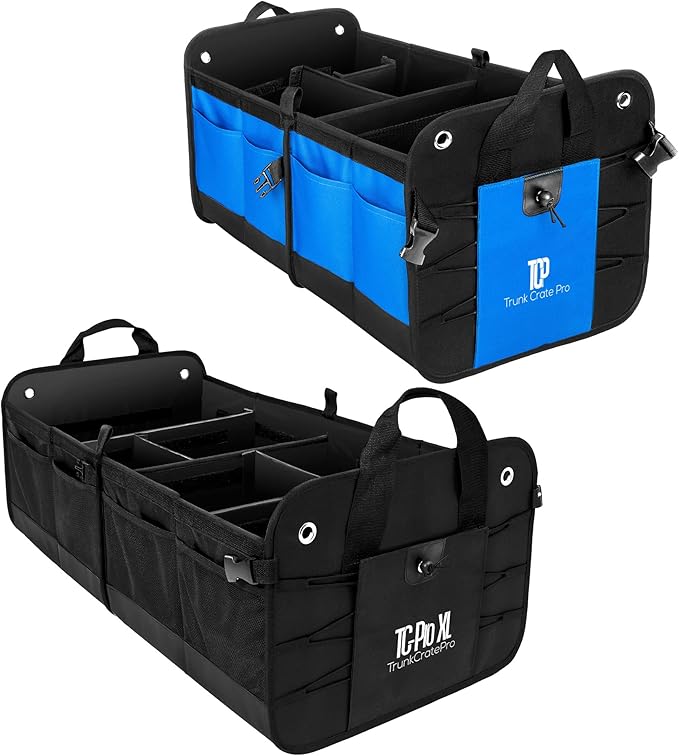 TRUNKCRATEPRO Save 15 per cent off bundle of 2 collapsible portable multi compartments trunk organizer (1 XL organizer and 1 regular blue organizer)