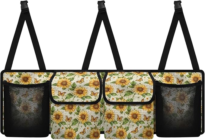 Sunflower Back Trunk Seat Organizer for SUV, Sedan, Van, Oxford Cloth, Equipped with Robust Elastic Net, Hanging Car Storage Organizer with Lids, Easy to Clean & Install In All Vehicles