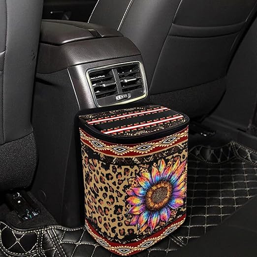 Aztec Sunflower Car Trash Can Auto Garbage Bag with Lid Leak-Proof Car Storage Bag Garbage Bag Hanging for Headrest Portable Vehicle Backseat Organizer