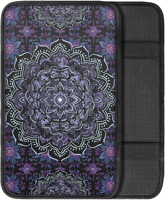 Boho Mandala Flower Print Car Center Console Armrest Cover Dust-Proof Universal Armrest Box Cover Center Console Pad for Truck Sedan SUV, Easy to Install, Purple