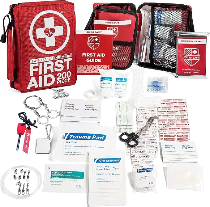 Swiss Safe 2-in-1 First Aid Kit for Car, Travel & Home, Businesses - Bonus Mini Kit for Medical Emergency Aid, Survival, Camping - 200 Pcs, Medium FAK