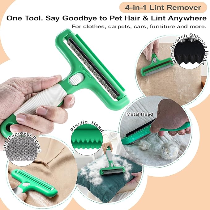 4-in-1 Pet Hair Remover & Lint Tool, Reusable Carpet Cleaner for Dog & Cat Fur - Safe for Couch, Clothes, Rugs & Car Mats - Portable Detailer with 4 Modes for Deep Cleaning & Delicate Fabrics