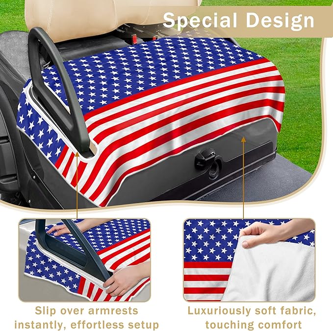 YOKYHOM American Flag Golf Cart Seat Covers for 2/4-Seater, Patriotic USA Seat Towel Blanket Keeps Seats Cool & Clean for Summer, Microfiber Fits EZGO, Club Car, Yamaha, 51"x31"