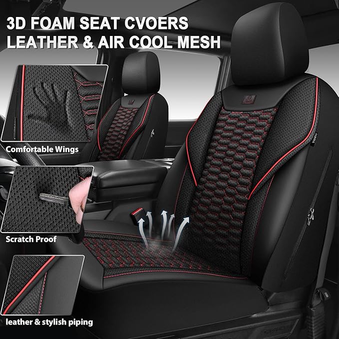 CAR PASS 3D Foam Mesh Leather Car Seat Covers Front Seats, Air Cool Mesh Front Seat Covers for Car, Universal Fit for SUV Truck Sedan Automotive, Armrest Airbag Compatible,Black and Red