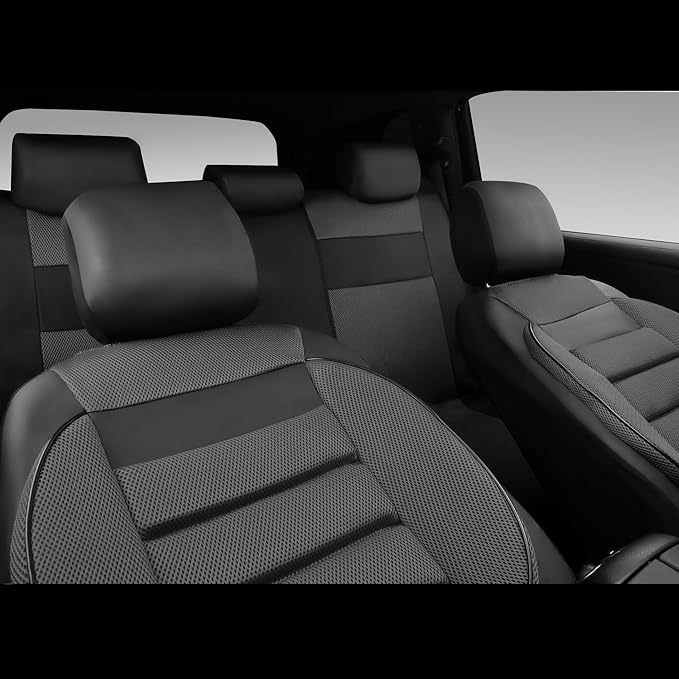 CAR PASS Leather 3D Foam Back Support Car Seat Covers Full Set Air Mesh Automotive Seat Covers, All Season Car Seat Cover Fit Automotive,SUV,Sedan,Van, Airbag Compatible Elegance (Black Charcoal Gray)