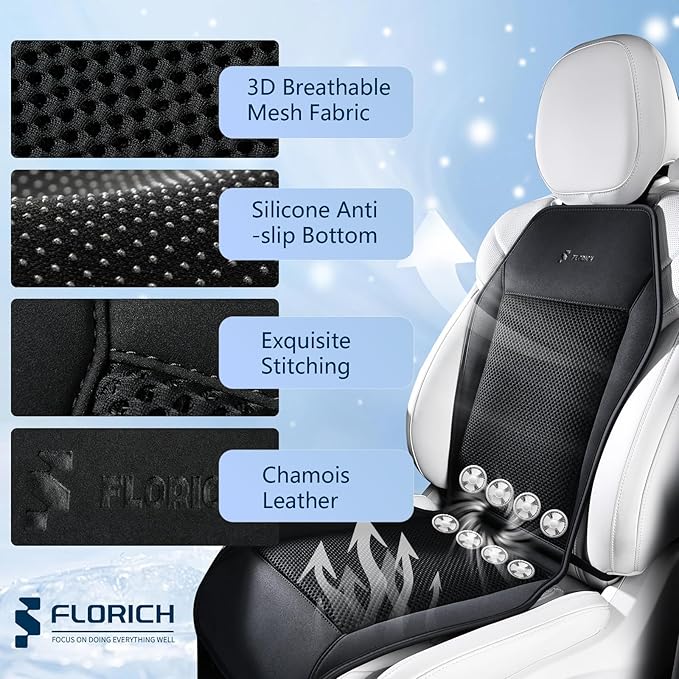 FLORICH Cooling Car Seat Covers with Blowing & Suction, 12V-24V Cooling Ventilated Car Seat Cushion with 8 Turbo Fans 3-Speed Adjustable Universal Fit for Car SUV Truck Van for Summer Driving