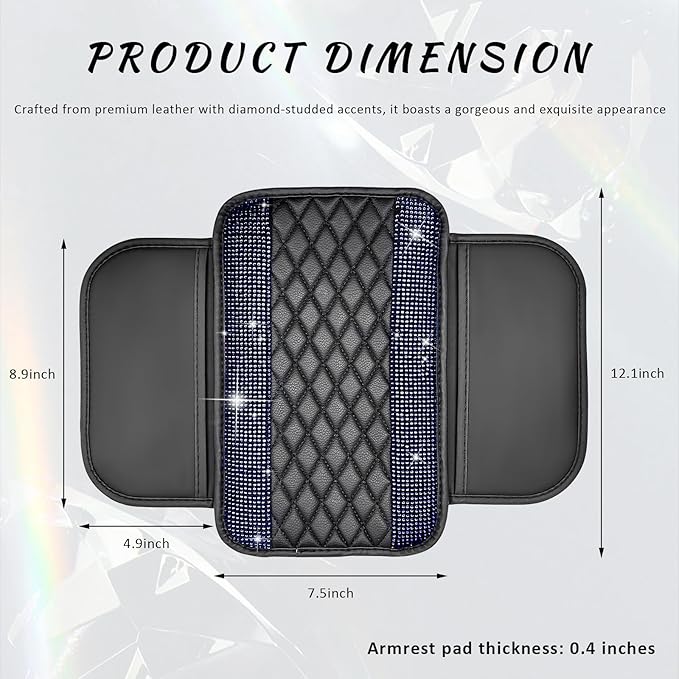 Sun Walker Bling Car Center Console Cover, Anti-Scratch Car Armrest Seat Box Cushion Pad with 2 Storage Bags, Leather Middle Console Protector Crystal Interior Accessories for Most Cars (Blue)