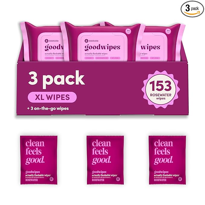 goodwipes Flushable Butt Wipes - Vitamin E & Aloe - Sewer & Septic Safe - Extra Large Adult Wet Wipes For Women & Men - Bathroom Essentials - Rosewater, 153 Count (3 Packs + 3 Individually Wrapped)