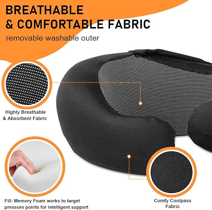 Travel Pillow - Hooded Neck Pillow Airplane Memory Foam Filling for Plane, Office, Cars Sleeping, Road Trip, Long Flights, Airplane Travel Essentials, Includes Eye Mask & Earplugs (Black)