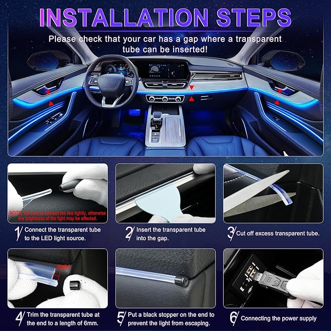 LivTee Smart Car LED Interior Lights with USB Port, LED Strip Fiber Optic Lights, Wireless App Control, Sync to Music, Car Accessories Gifts for Women and Men