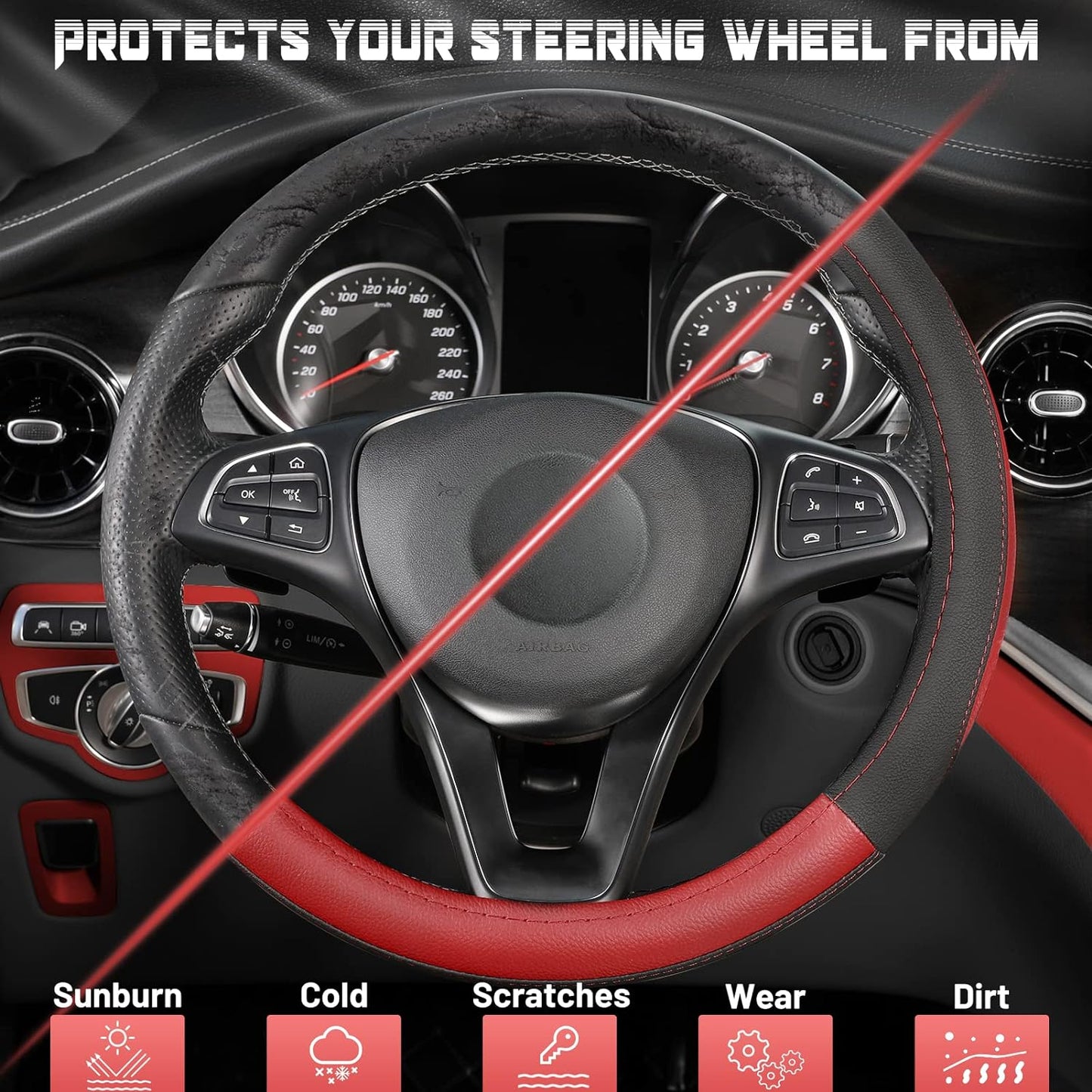 SEG Direct Car Steering Wheel Cover for Prius Civic Model 3 Model Y Camaro, Small Size 14-14.25 inch, Black and Red Microfiber Leather