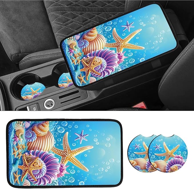 Car Armrest Cover Pads Universal Fashion Cute Auto Center Console Armrest Cover Pad with 2PCS Car Coasters Soft Waterproof Car Armrest Seat Protector for Women, Sea Shells Starfish