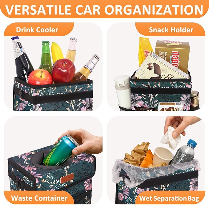 Vankor Car Trash Can for Car Cute, Bag Bin Hanging Waterproof Automotive Garbage Cans Leak Proof Vehicle Trash Can Navy Floral