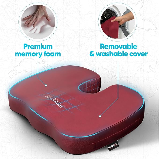 FORTEM Seat Cushion, Office Chair Cushion, Desk Chair Memory Foam, Sciatica Coccyx Tailbone Pain Relief, Pressure Relief, Sitting Pad, for Long Gaming & Sitting, Washable Cover, Non Slip, XL