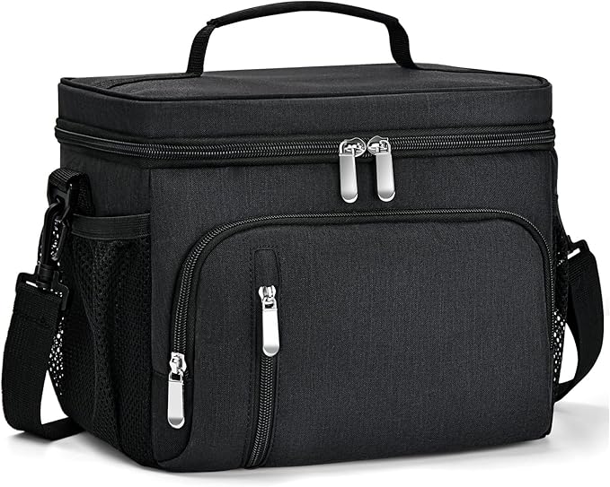 Insulated Lunch Bag for Men & Women, 9L Leakproof Lunch Box Soft Cooler Tote with 5 Pockets, 600D Oxford, EVA Lining, Adjustable Strap for Work, Picnic, Beach&Travel-Black
