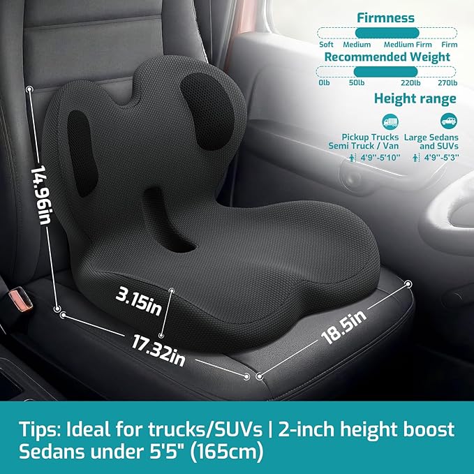 Trucker Seat Cushion, Car Seat Cushions with Lumbar Support Pillow, Ergonomic L-Shaped Orthopedic Memory Foam Pad for Long Driving Back Pain Sciatica Relief, Drivers Office Workers (Black+ Gray)