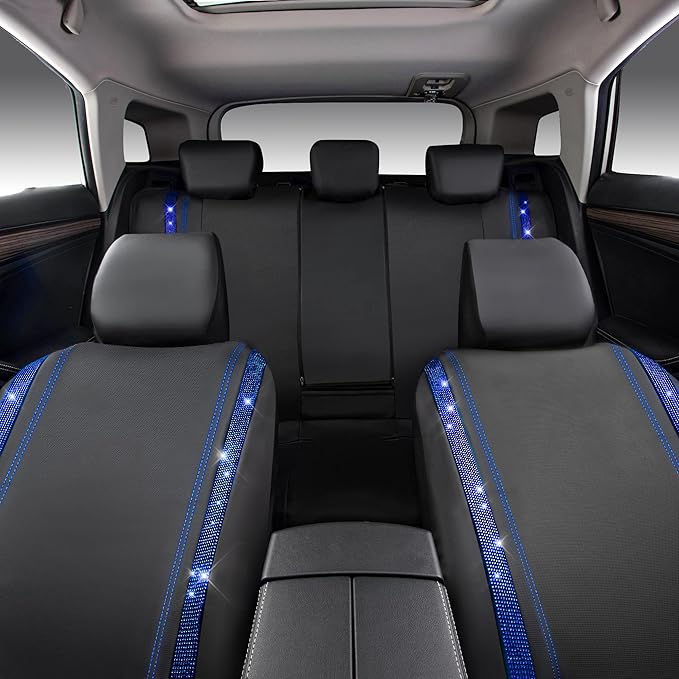 CAR PASS Bling Diamond Car Seat Covers Full Set, Shining Rhinestone Waterproof Faux Leather, Rear with Zipper, Universal Fit Automotive Glitter Crystal Sparkle Strips for Cute Women Girl, Blue