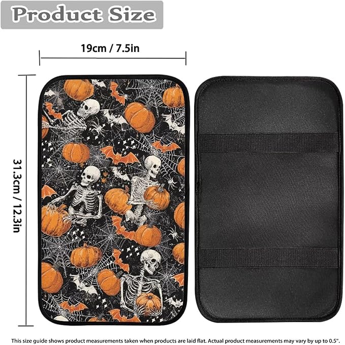 Halloween Pumpkin Skull Car Armrest Pads Car Armrest Cushion Arm Rest Covering Car Middle Console Covers Non Slip for Truck Auto SUV Car Accessories