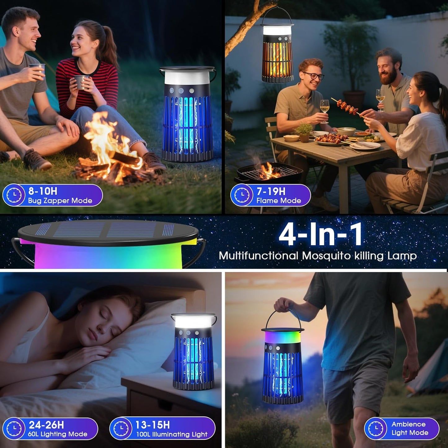 Solar Bug Zapper Outdoor, Portable Electric Mosquito Killer with Panel Sensor, Rechargeable Insect Trap with LED Night Light and Flame Effect, Ideal for Outside Patio, Backyard, and Camping (1 Pack)