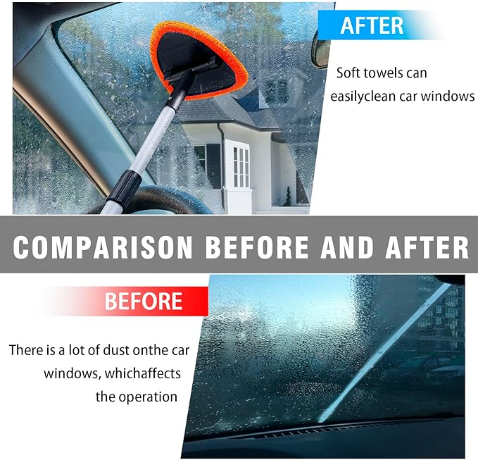 Windshield Cleaner Tool - Portable Car Interior Window Cleaning Kit with Extendable Handle, 4 Microfiber Towel Pads, Auto Glass Wiper for Windshield, Universal for RV, SUV, Truck (Orange)