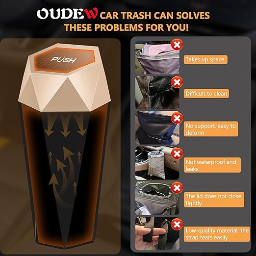 Car Trash Can with Lid - 1-Pack, Interior Accessories for Vehicles, Leakproof Garbage Can with 15 Detachable Trash Bags, Multipurpose Organizers and Storage Solutions for Home and Office